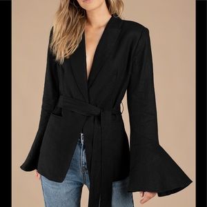 Free People Flare Sleeve Linen Tie Black Blazer
